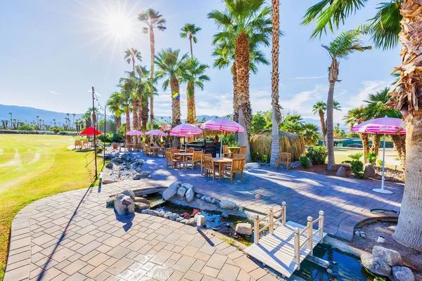 an outdoor space with furniture