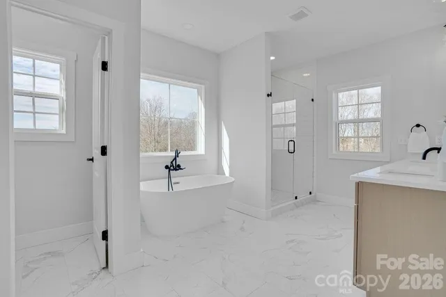a bathroom with a double vanity sink a mirror and a bathtub