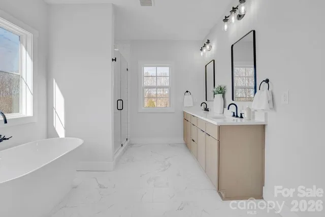 a bathroom with 2 sink and a mirror