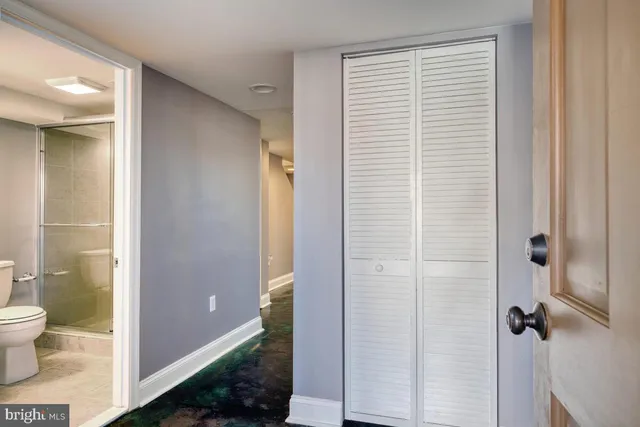 a bathroom with a shower and a toilet