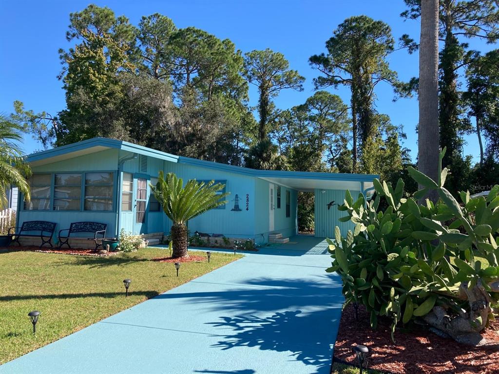 a view of a house with pool and a yard