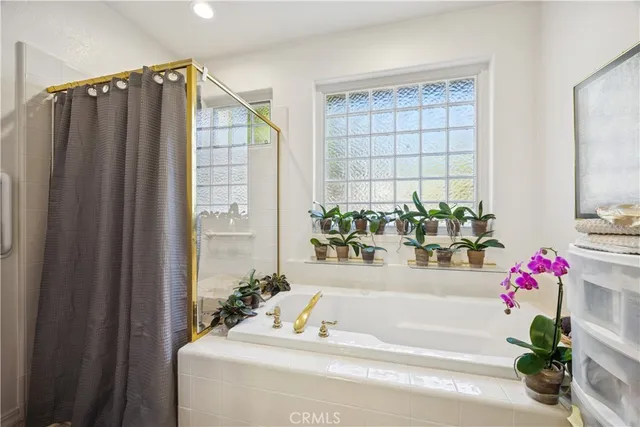 a bathroom with a bathtub and a shower