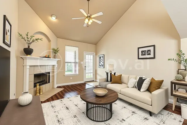 a living room with furniture a fireplace and a chandelier