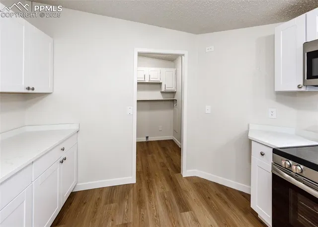 a view of a kitchen with wooden floor and cabinets