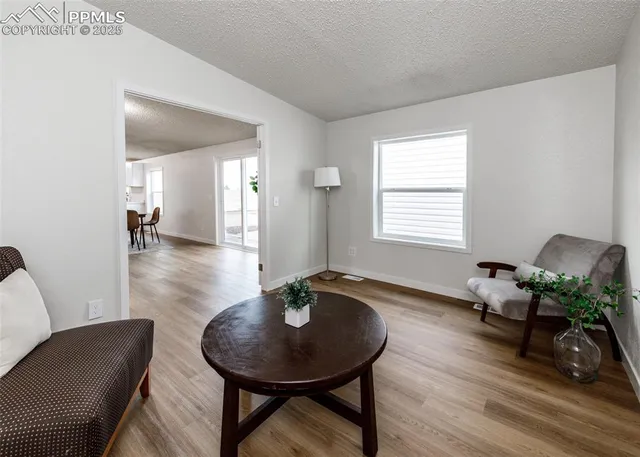 a living room with furniture and wooden floor