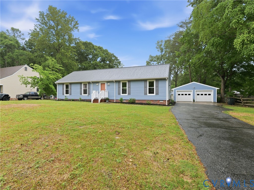 Light blue siding exterior with a dark gray shingl