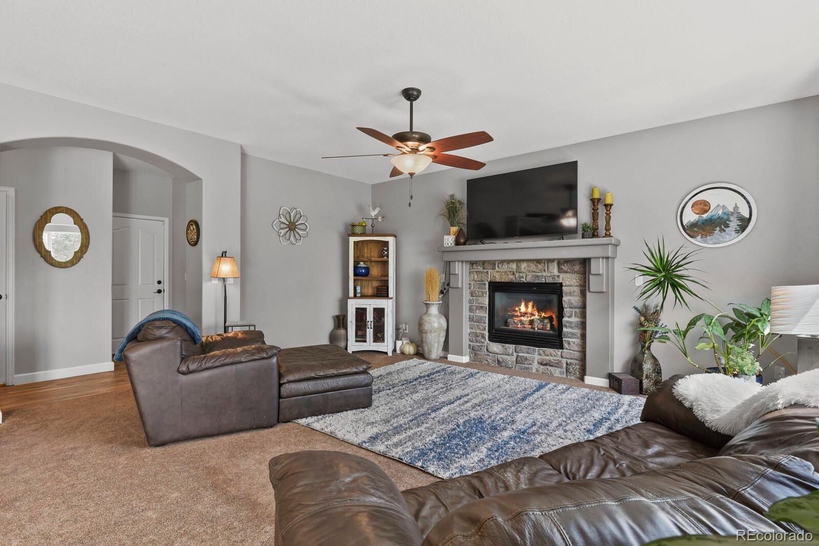 21018 Saddleback Circle Parker, CO 80138 - Photo 16 of 50 a living room with furniture a flat screen tv and a fireplace
