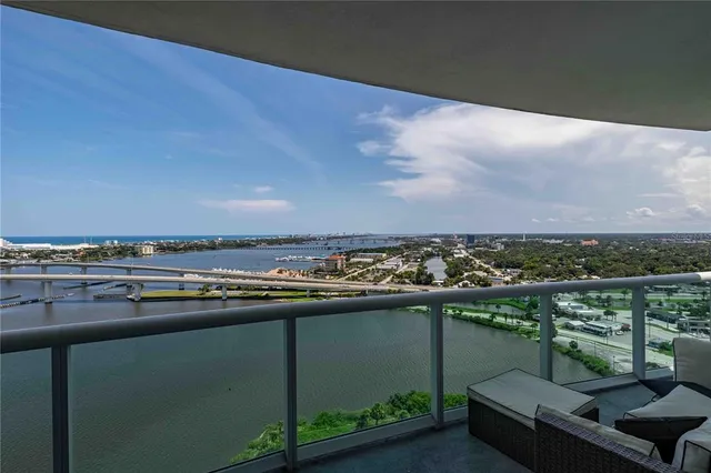 a view of a terrace with city view