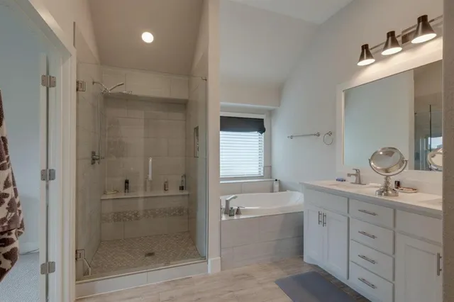 a bathroom with a shower a sink and a mirror