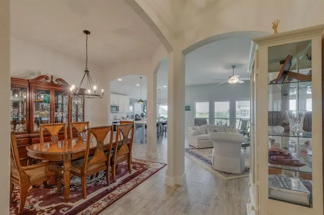 a view of a dining room with furniture