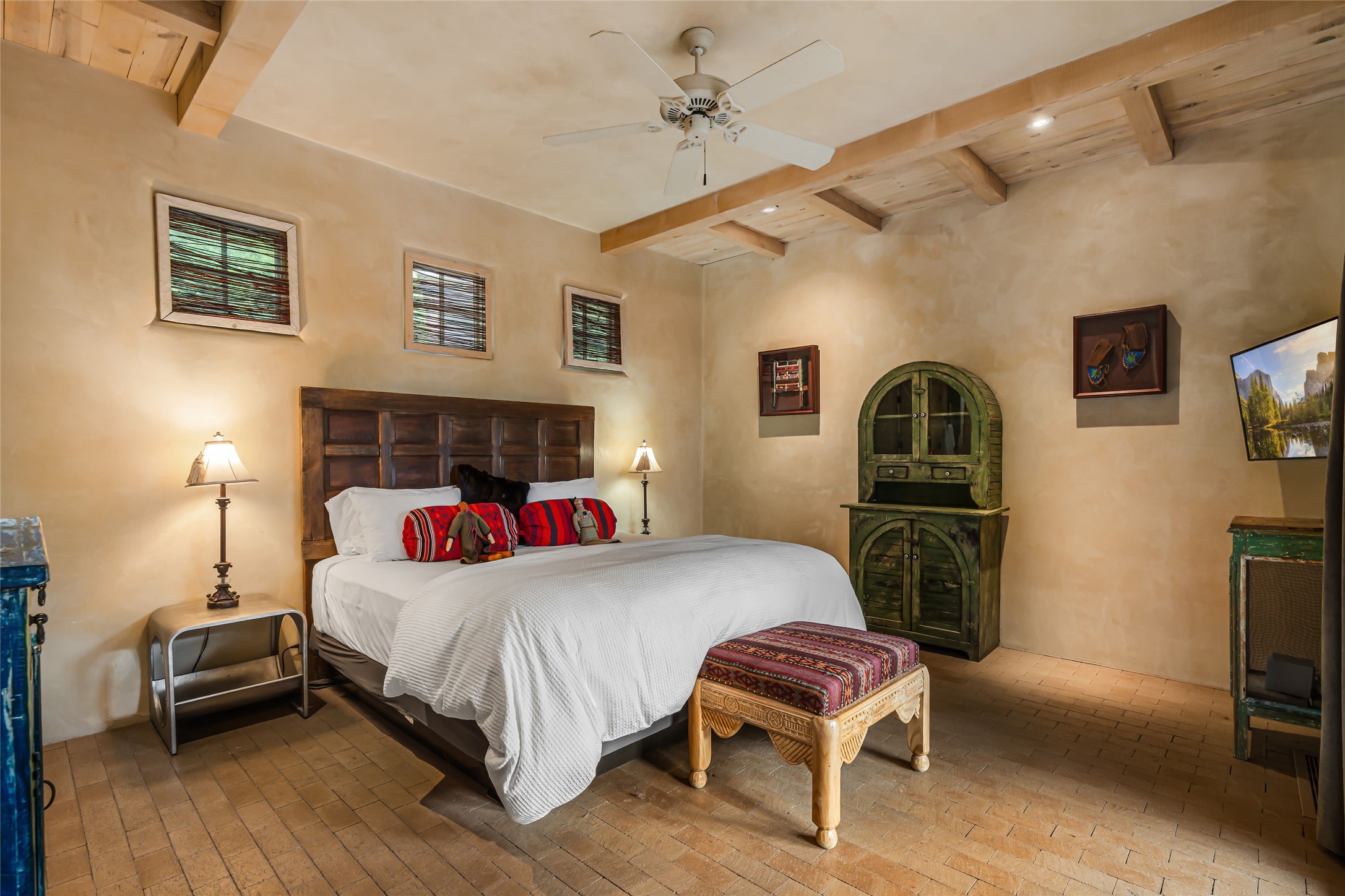 1 Cerro Gordo Road, Unit B Santa Fe, NM 87501 - Photo 14 of 25 Gorgeous floors and ceilings in the primary bedroom overlooking the trees...