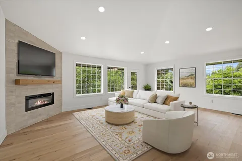 a living room with fireplace furniture and a flat screen tv