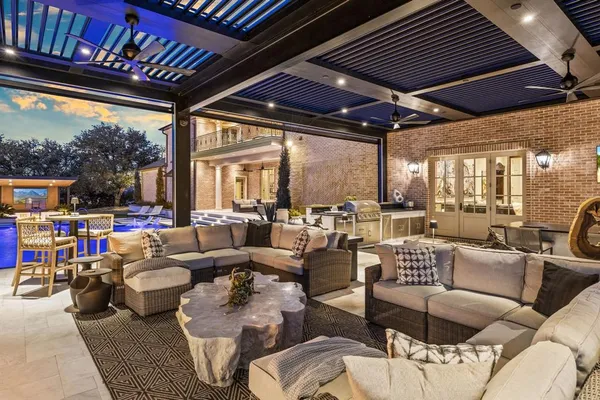 a building outdoor space with patio furniture