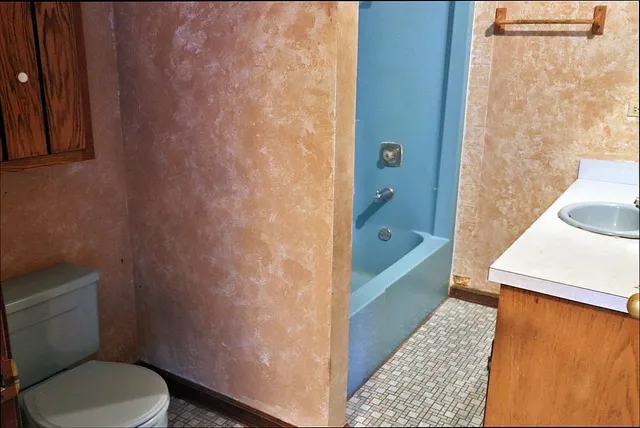 a bathroom with a sink a toilet and mirror