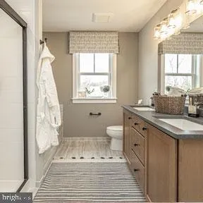 a bathroom with a sink a toilet a window and shower