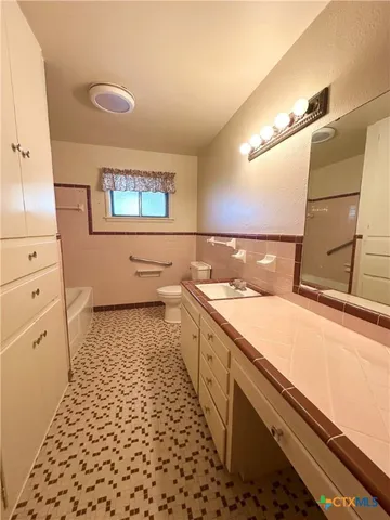 a bathroom with a sink a toilet and a mirror