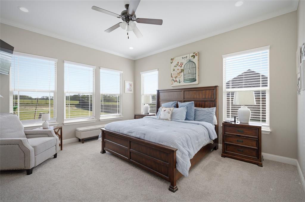 1065 Old Highway Howe, TX 75459 - Photo 20 of 39 Bedroom with a ceiling fan, light carpet, crown molding, and recessed lighting