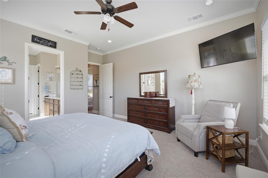 1065 Old Highway Howe, TX 75459 - Photo 21 of 39 Bedroom with crown molding, ceiling fan, light colored carpet, and recessed lighting