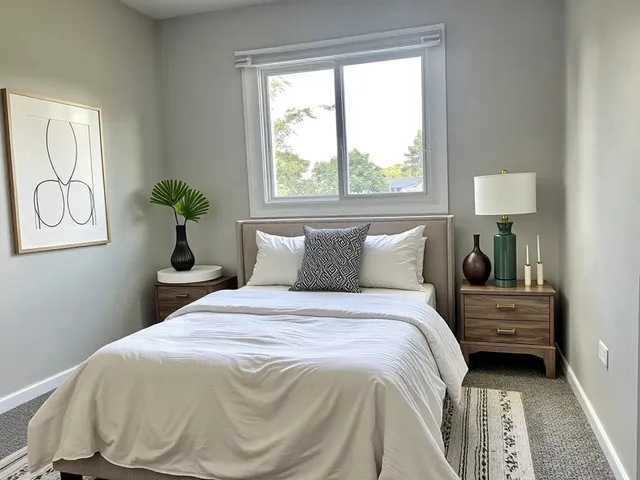 a bedroom with a bed and a window