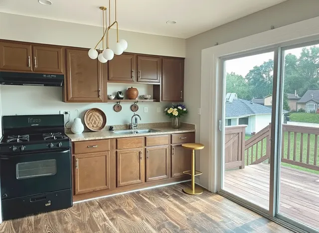 a kitchen with a stove a refrigerator and wooden cabinets