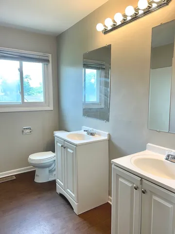a bathroom with a sink a toilet and mirror