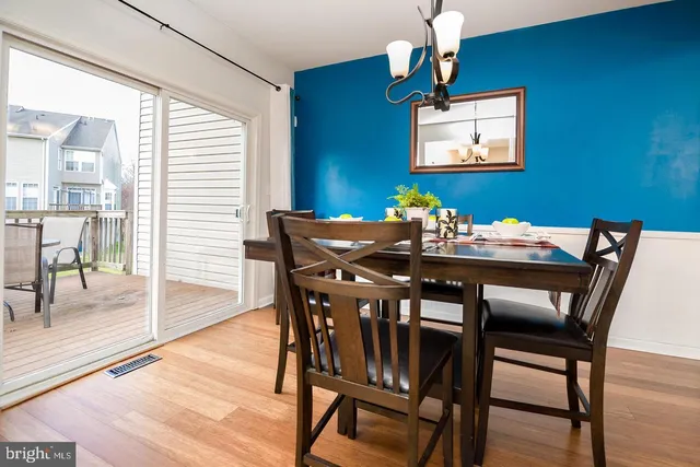 a view of a dining room with furniture wooden floor and chandelier