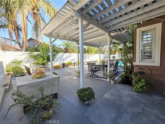 a garden view with a seating space