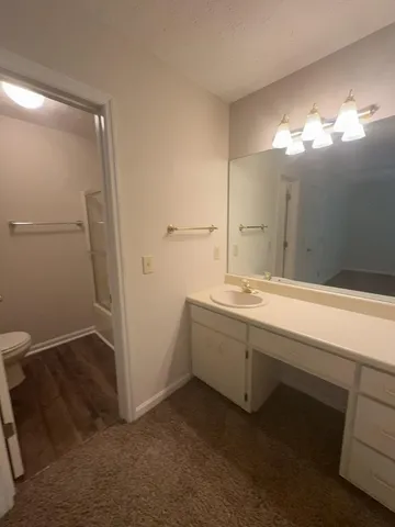 a bathroom with double vanity and a mirror
