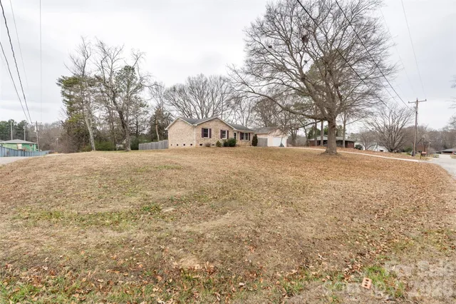 a view of dirt yard with a large tree