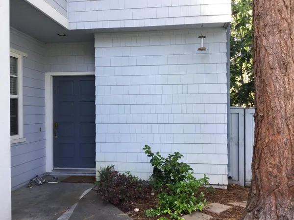 a couple of potted plants in front of door