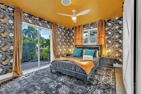 a bedroom with a bed and a large window