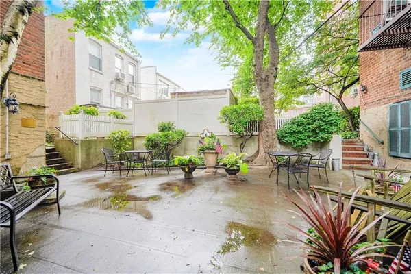 an outdoor space with seating