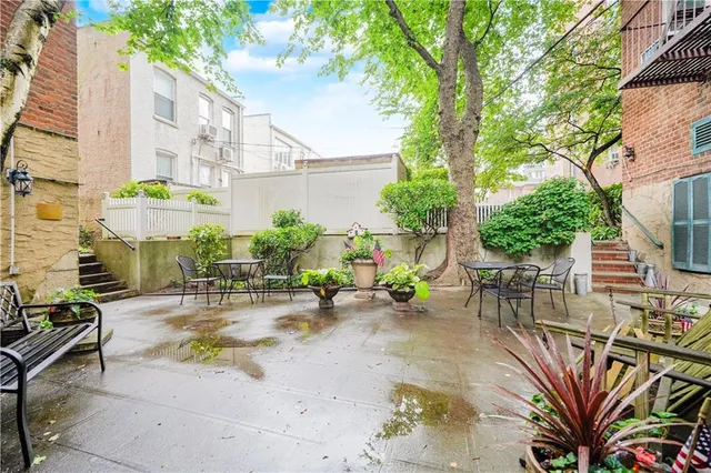 an outdoor space with seating