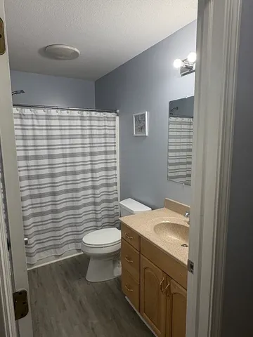a bathroom with a granite countertop toilet a sink a mirror and a shower curtain