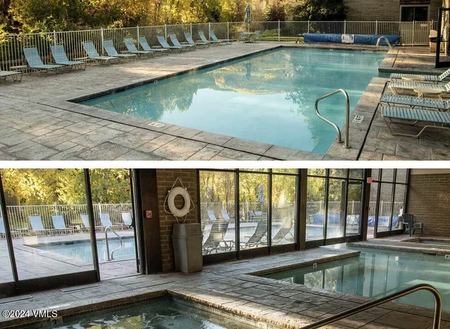 a view of swimming pool from a balcony