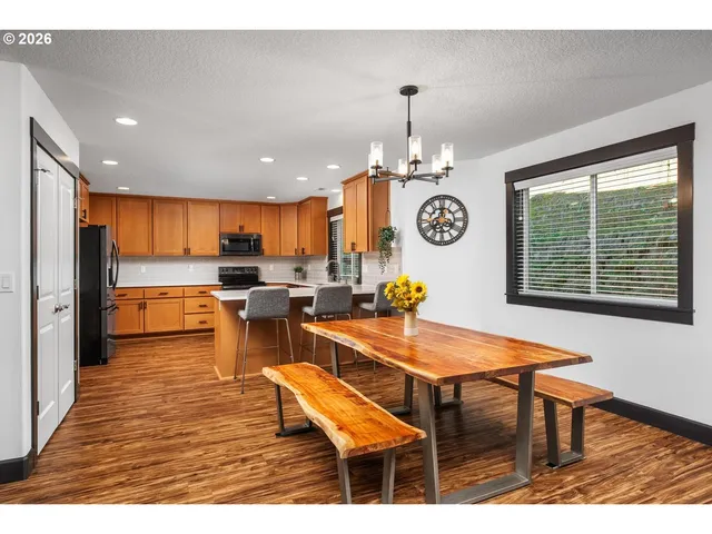 a view of a kitchen and dining room