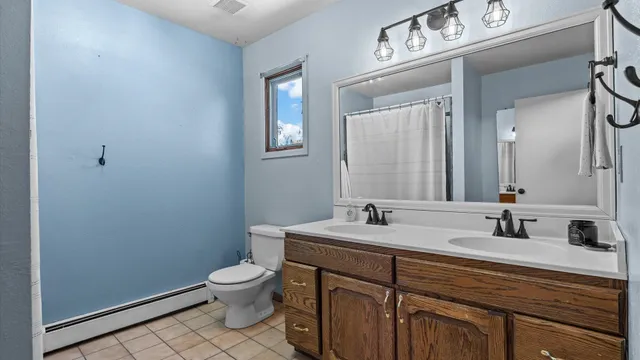 a bathroom with a toilet a sink and mirror