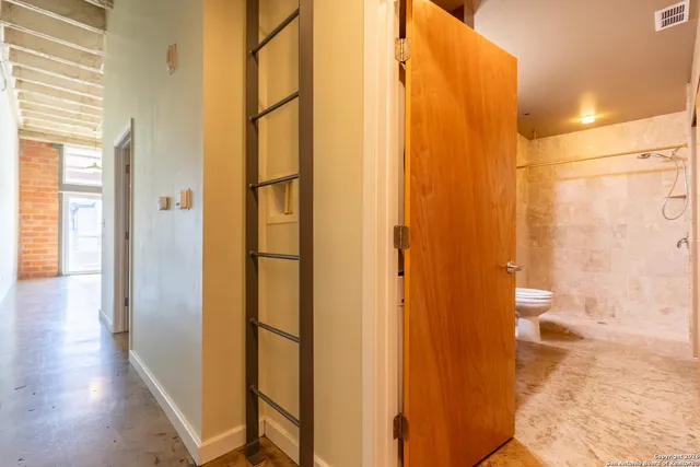 a bathroom with a shower and a toilet