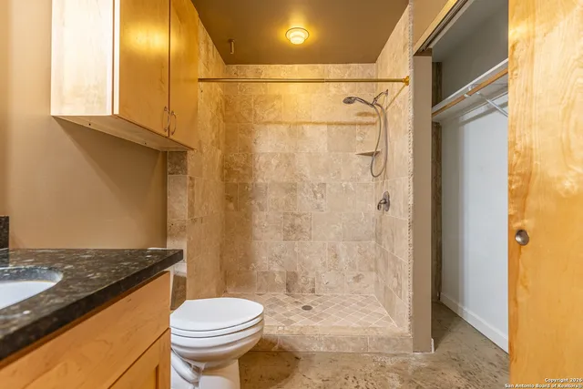 a bathroom with a granite countertop sink toilet and shower