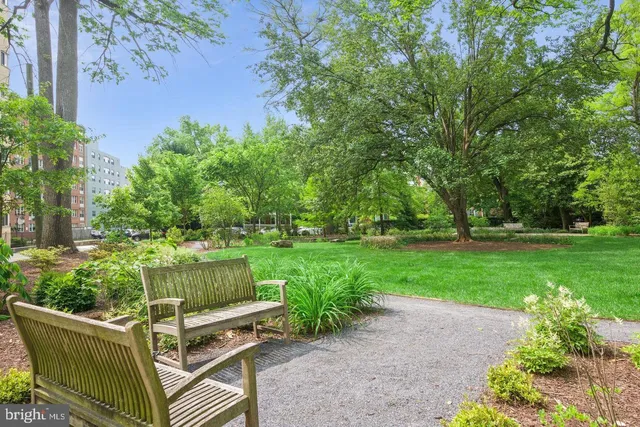 a view of a garden with sitting area