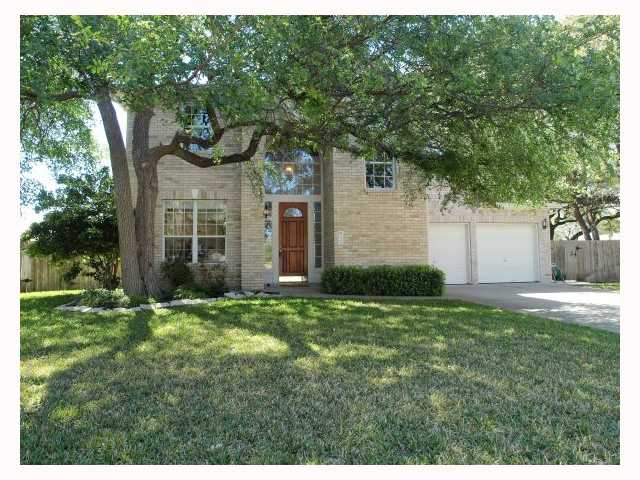 a backyard of a house with plants and large tree