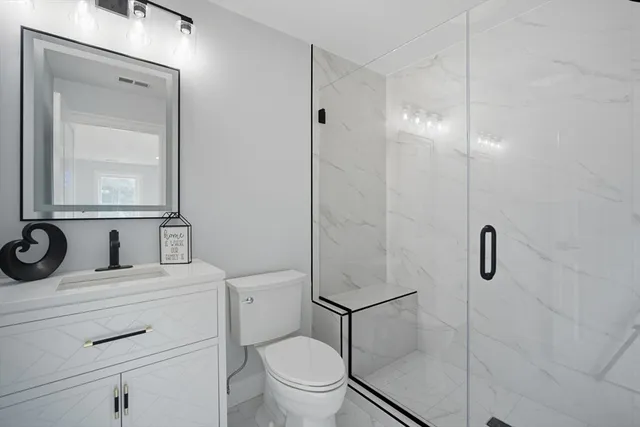 a bathroom with a toilet sink vanity and shower