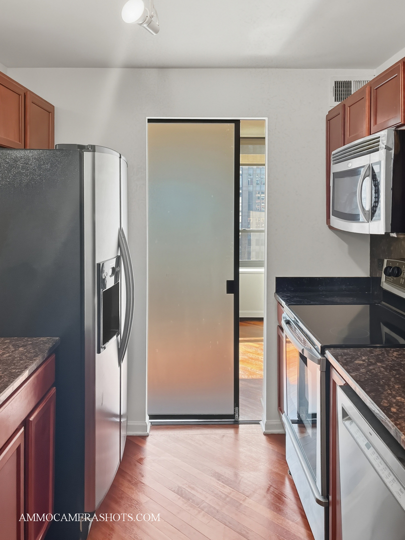 222 East Pearson Street, Unit 1406 Chicago, IL 60611 - Photo 12 of 30 a kitchen with stainless steel appliances granite countertop a refrigerator and a sink