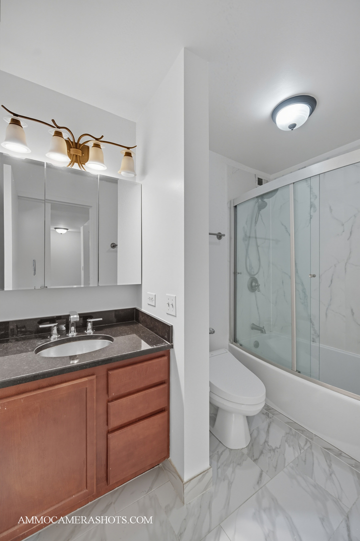 222 East Pearson Street, Unit 1406 Chicago, IL 60611 - Photo 17 of 30 a bathroom with a granite countertop sink a toilet a mirror and shower