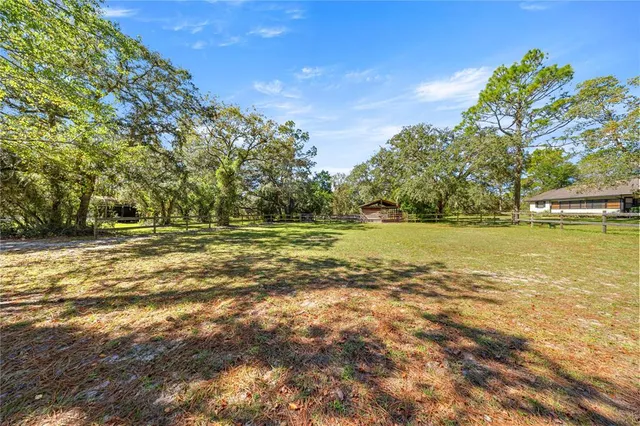 an aerial view of residential houses with outdoor space and trees