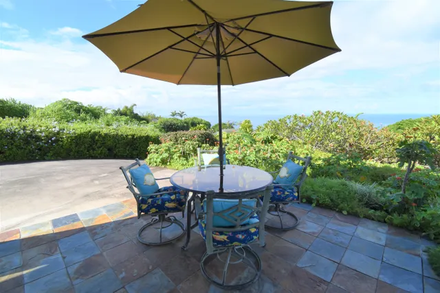 a view of a house with a yard and potted plants