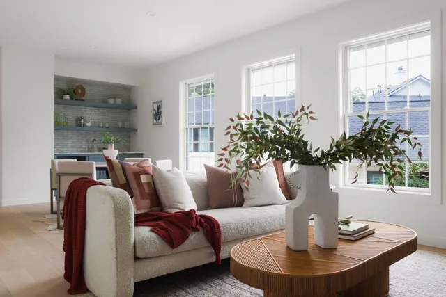 a living room with furniture and a potted plant