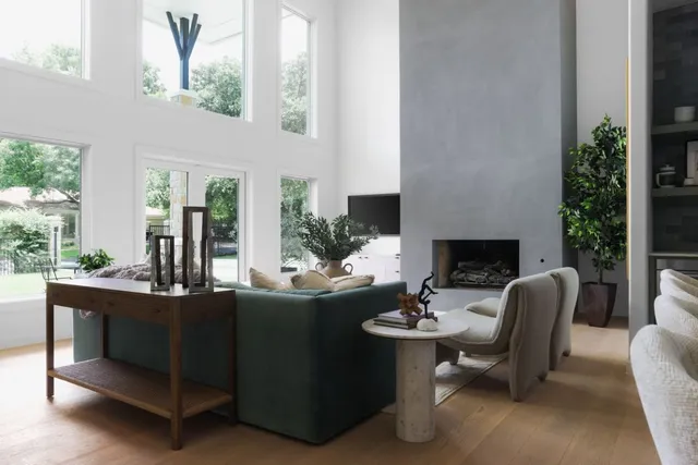 a living room with furniture potted plant and a fireplace