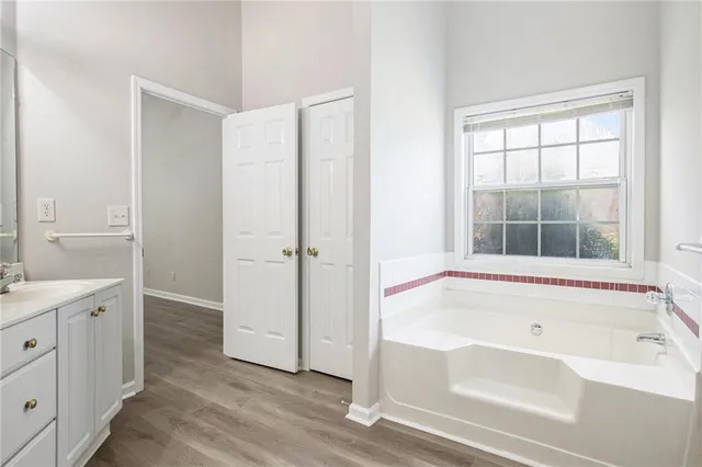 a bathroom with a bathtub and a view