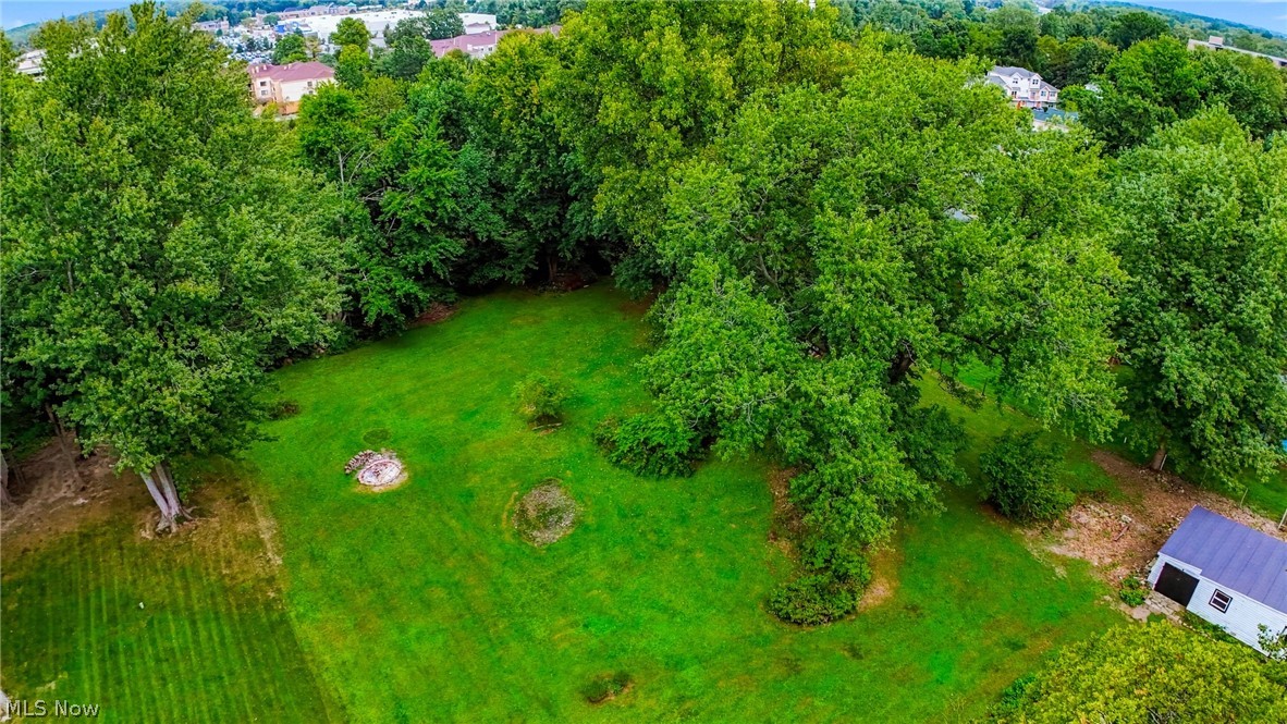 24958 Kennedy Ridge Road North Olmsted, OH 44070 - Photo 36 of 43 Expansive green lawn surrounded by mature trees, featuring a stone fire pit and a detached shed with a blue metal roof